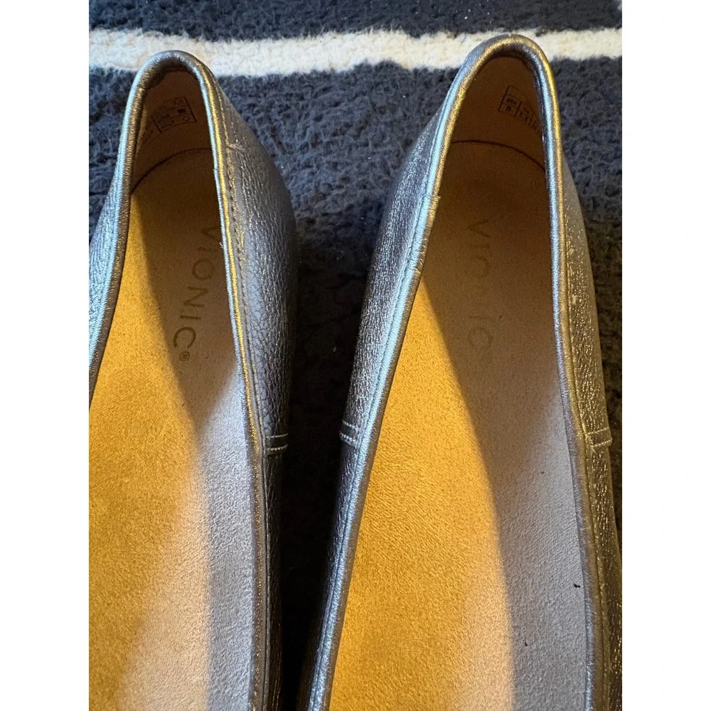 Vionic Orinda Pewter Metallic Leather Square Toe Ballet Flats Women 8 M Orthotic